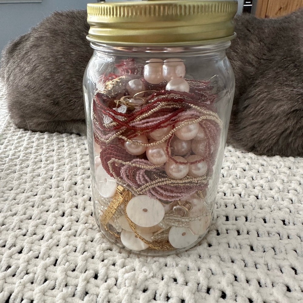 Beaded and Pearl Mixed Jewelry Jar - Pink, Gold, Cream